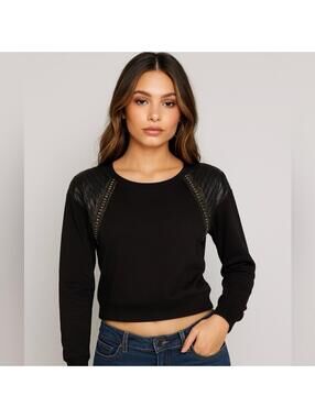 Bebe Black Quilted studded leather Shoulder Top